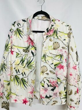 Patchington White Floral & Shell Print Cotton Jacket M Resort Summertime